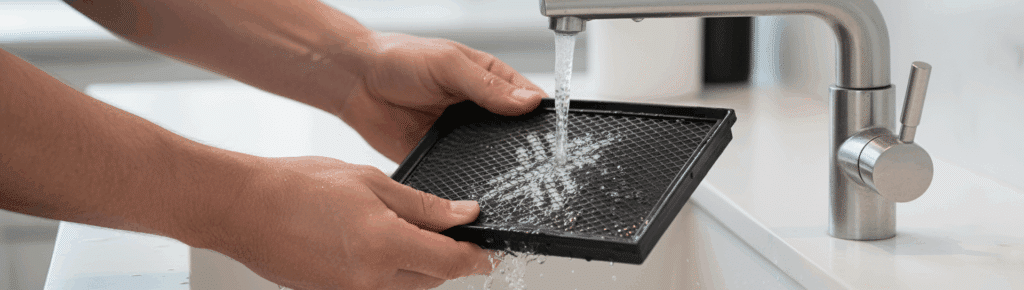 Maak een afbeelding waar je ziet dat iemand deze filter onder een kraan vast heeft. Je hoeft alleen maar handen te zien dus geen gehele persoon. De persoon moet de filter schuin vasthouden